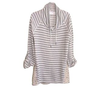 French Laundry Gray White Stripe Terry Longline Drawstring Neck Longsleeve top M